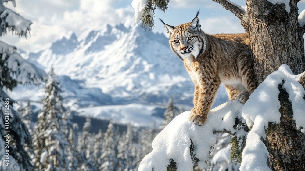 Lynx Climbing a Snow-Covered Tree in Winter Landscape Lynx Climbing a Snow-Covered Tree in Winter Landscape