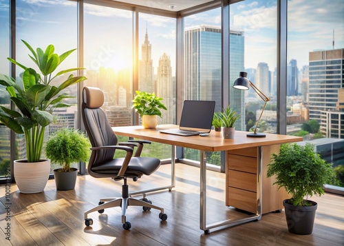 Modern office workspace with wooden desk, ergonomic chair, and potted plants, set against a natural light-filled photo