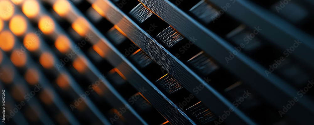 Closeup of black metal wall with intersecting acrylic stripes, 8K photorealism, black wall metal acrylic, sharp industrial design Closeup of black metal wall with intersecting acrylic stripes, 8K photorealism, black wall metal acrylic, sharp industrial design