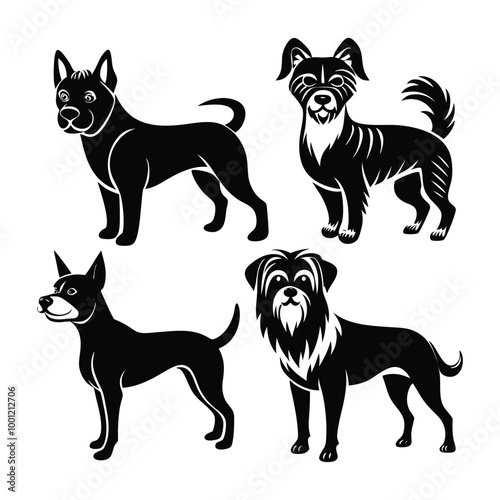 A versatile collection of dog silhouettes in vector format. Ideal for logos, prints, and design projects that feature various canine breeds in minimalist and elegant black and white outlines.