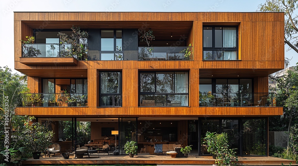 Design a 4-story apartment with a permeable facade and timber cladding, featuring geometric shapes, on a sunny Tehran street Design a 4-story apartment with a permeable facade and timber cladding, featuring geometric shapes, on a sunny Tehran street