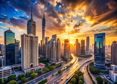 Modern urban cityscape with towering skyscrapers and busy streets at sunset, ideal background for weather forecasting photo