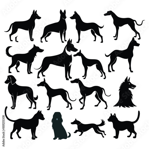 A versatile collection of dog silhouettes in vector format. Ideal for logos, prints, and design projects that feature various canine breeds in minimalist and elegant black and white outlines.