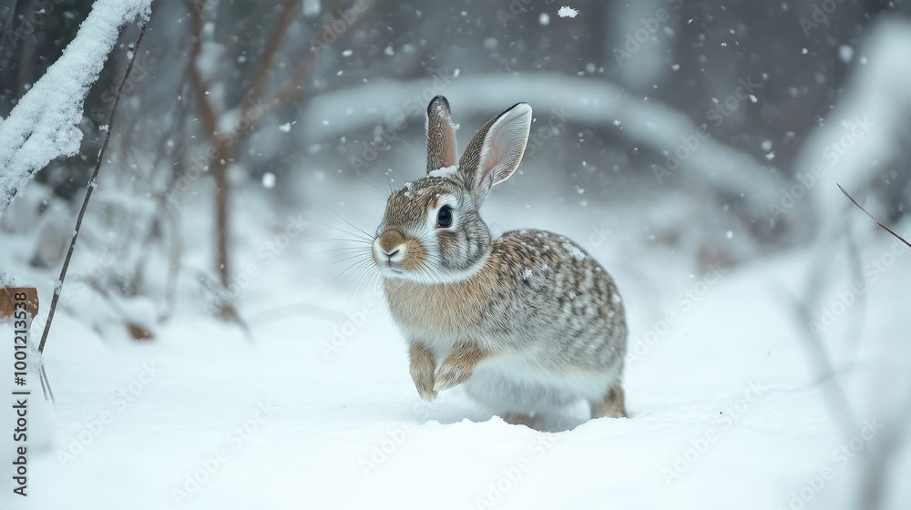 Rabbit Hopping Through Fresh Snowy Landscape Rabbit Hopping Through Fresh Snowy Landscape