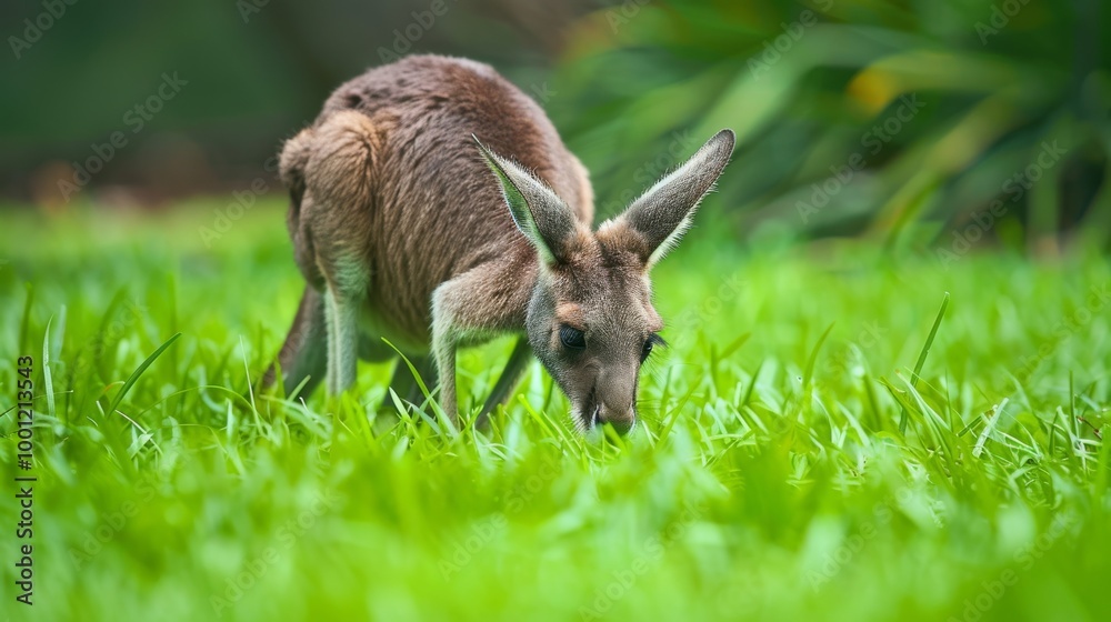 Fototapeta premium A kangaroo peacefully grazing on lush green grass, captured in a natural, serene setting with a blurred background.