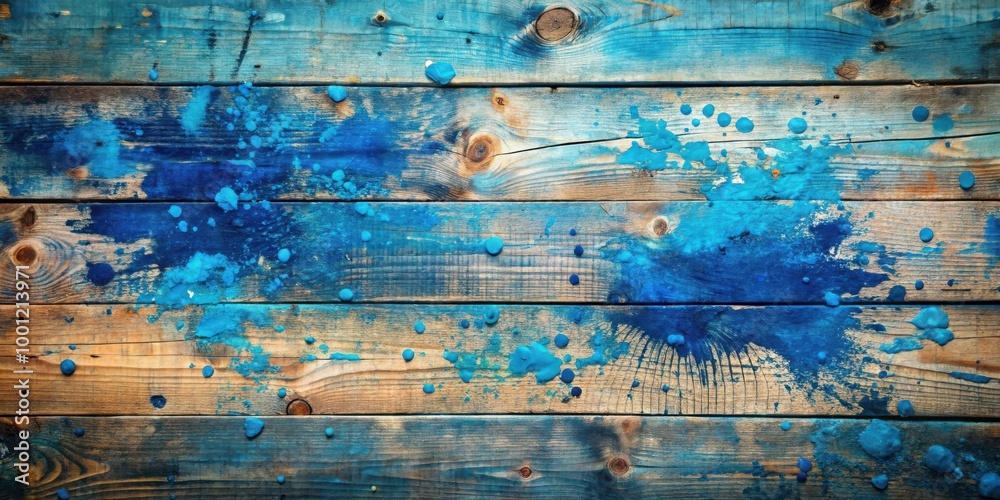 Blue paint splattered on rustic wooden background creating artistic texture design Blue paint splattered on rustic wooden background creating artistic texture design