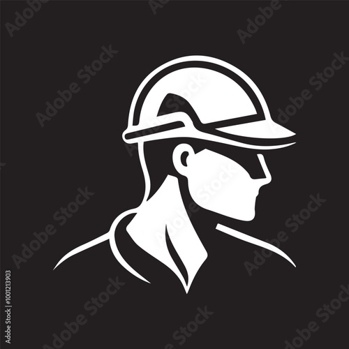worker in uniform builder construction site with helmet simple logo black and white isolated icon vector stamp style business purpose company engineer silhouette tattoo style 