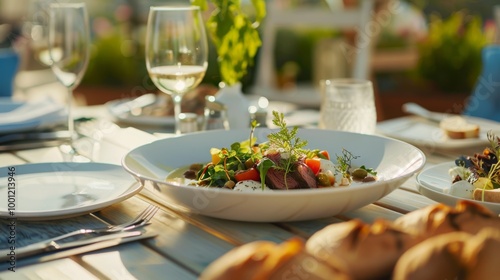 A beautifully plated gourmet dish sits on a sunlit outdoor table, surrounded by glasses and bread, exemplifying a perfect al fresco dining experience.