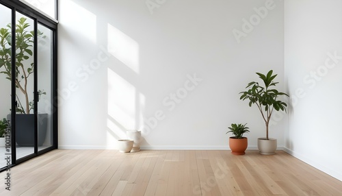 A minimalist white room with a wooden floor and a potted plant.