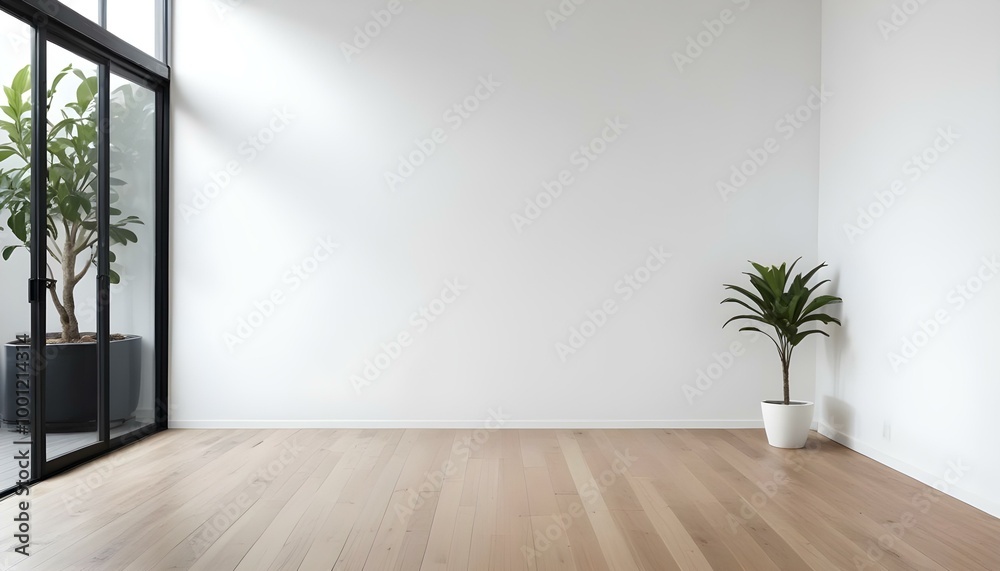 A minimalist white room with a wooden floor and a potted plant. A minimalist white room with a wooden floor and a potted plant.