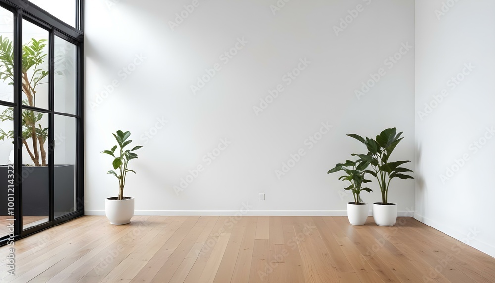 A minimalist white room with a wooden floor and a potted plant.