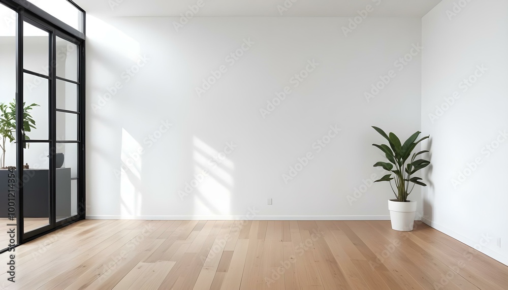 A minimalist white room with a wooden floor and a potted plant. A minimalist white room with a wooden floor and a potted plant.