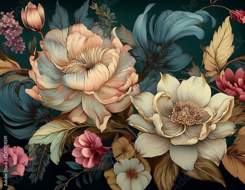 A beautiful fantasy vintage wallpaper showcases botanical flower bunches, exuding a nostalgic charm with its vintage motif ideal for floral print digital backgrounds