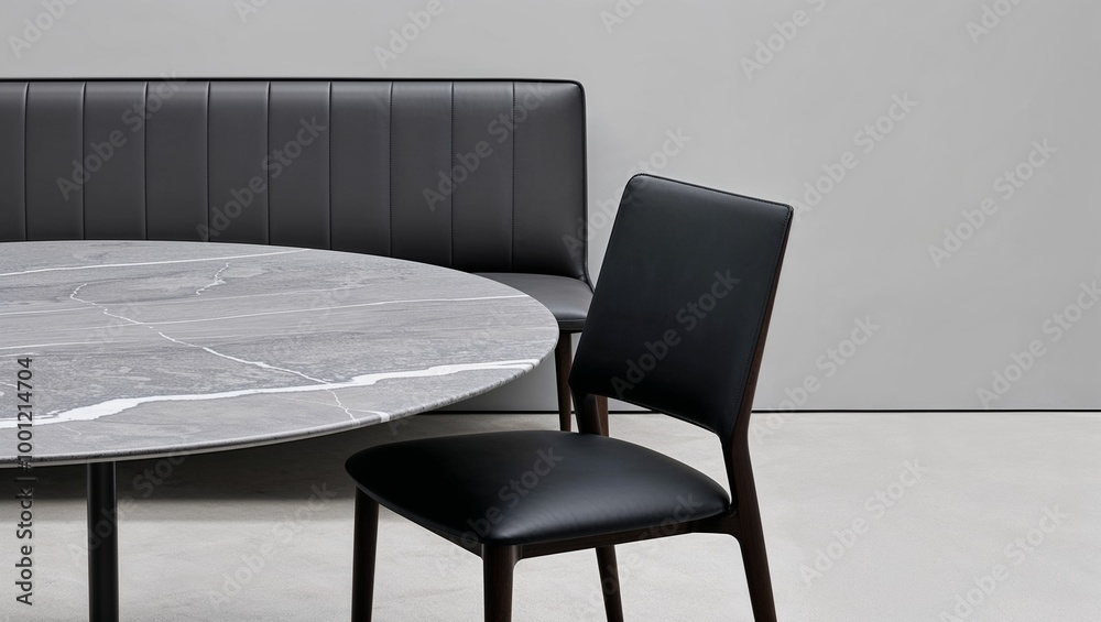 Obraz premium round, grey marble table with white veining, positioned in the foreground.