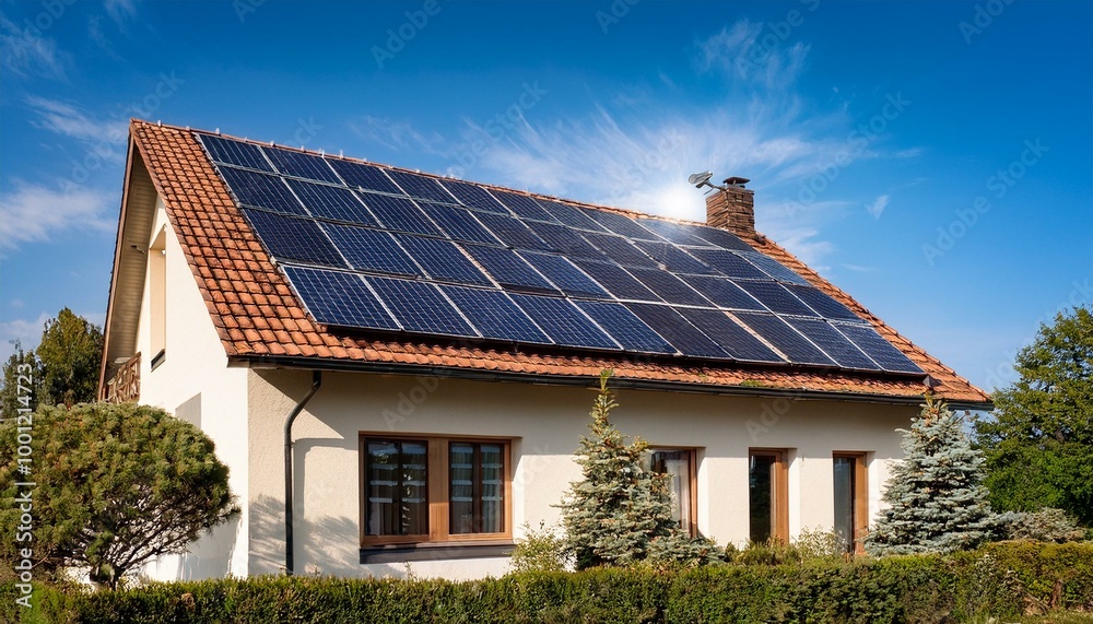 A house equipped with solar panels adorning its roof presents an ideal backdrop for sustainable energy-themed content. These panels symbolize eco-consciousness and renewable energy A house equipped with solar panels adorning its roof presents an ideal backdrop for sustainable energy-themed content. These panels symbolize eco-consciousness and renewable energy