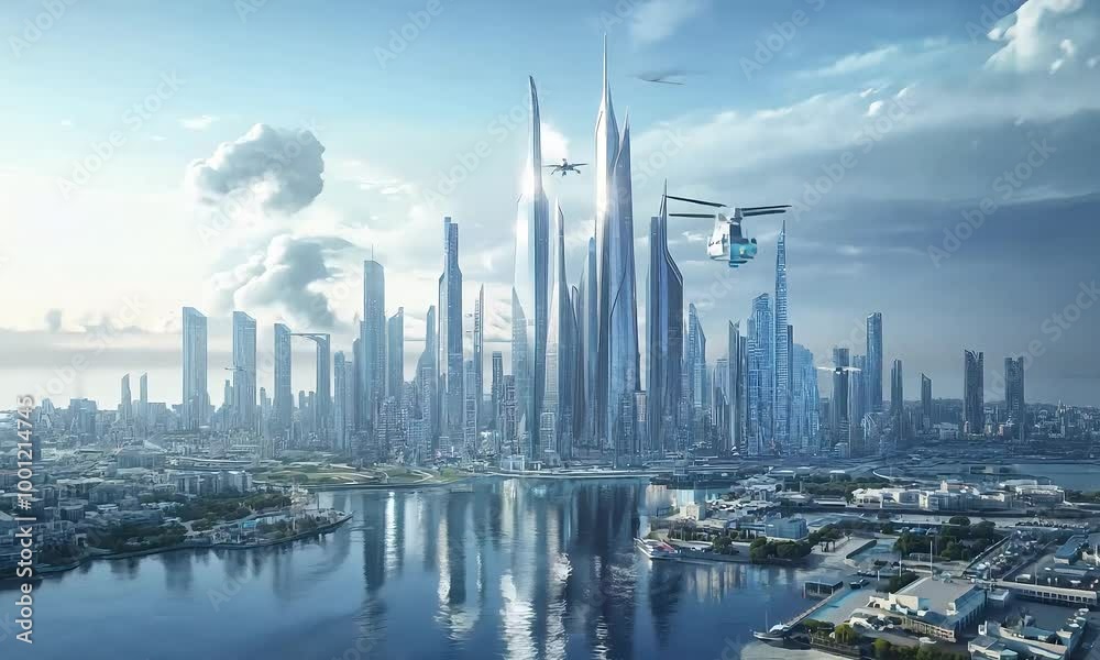 A futuristic cityscape featuring towering skyscrapers reflected in a serene body of water. A futuristic cityscape featuring towering skyscrapers reflected in a serene body of water.