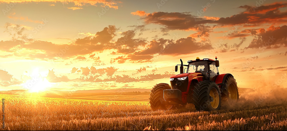 Fototapeta premium A red tractor is driving through a field of wheat