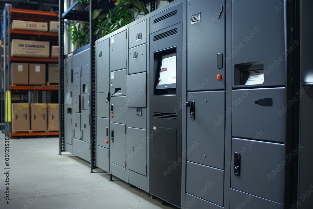 Row of modern automated parcel lockers with touch screen display for secure package delivery and pickup