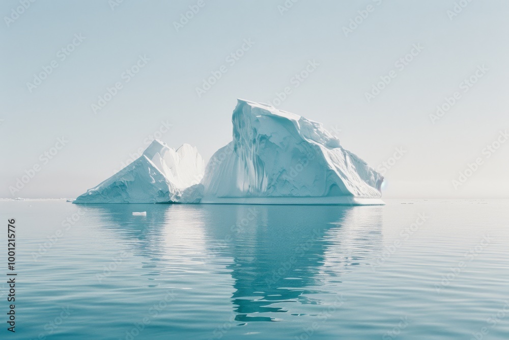 A tranquil Arctic landscape with massive icebergs calmly floating on the glassy sea, reflecting the pale blue sky. A tranquil Arctic landscape with massive icebergs calmly floating on the glassy sea, reflecting the pale blue sky.