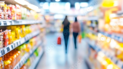 Blurred supermarket aisle with vibrant product displays and two distant shoppers, creating an atmospheric retail environment full of color and choice.