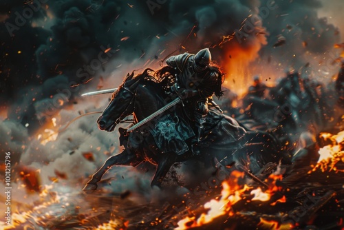 A knight fiercely fights through a burning battlefield, with bright flames and dense smoke forming a dramatic backdrop. photo