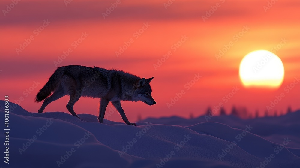 Lone Wolf Walking on Snowy Ridge at Sunset Lone Wolf Walking on Snowy Ridge at Sunset