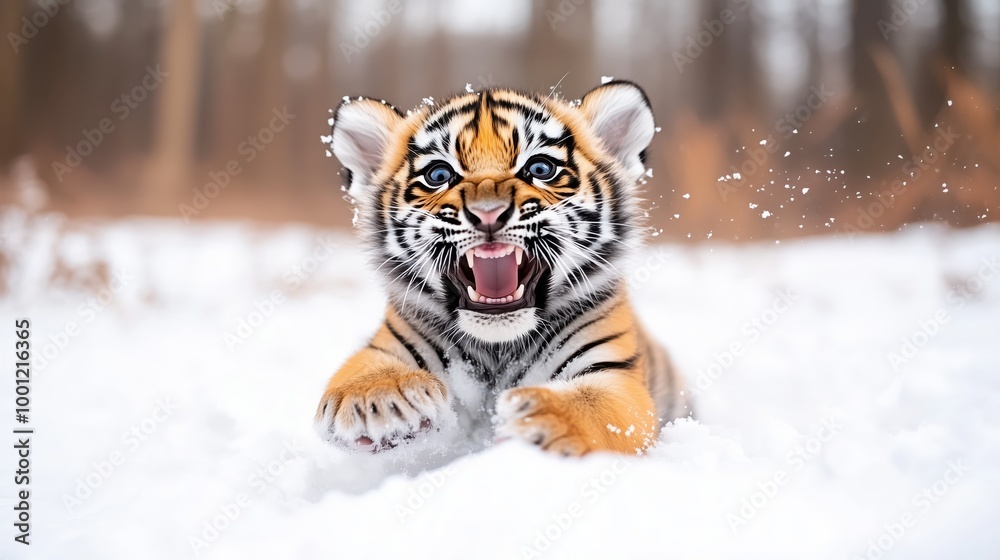 Obraz premium A heartwarming image of a lively tiger cub playfully running in the snow, with a joyful expression captured beautifully.