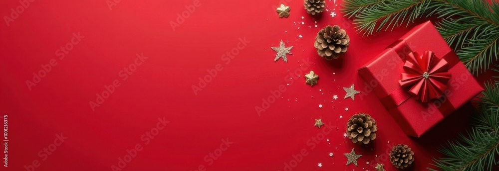 Let the gift-hunting commence: make holiday memories today. Top view shot of elegant gift boxes, holiday decor, cones, sparkles on red background with marketing space Let the gift-hunting commence: make holiday memories today. Top view shot of elegant gift boxes, holiday decor, cones, sparkles on red background with marketing space