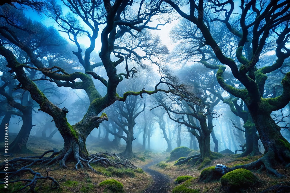 Ominous, twisted trees loom in the darkness, their gnarled branches like skeletal fingers, as mist swirls through the Ominous, twisted trees loom in the darkness, their gnarled branches like skeletal fingers, as mist swirls through the
