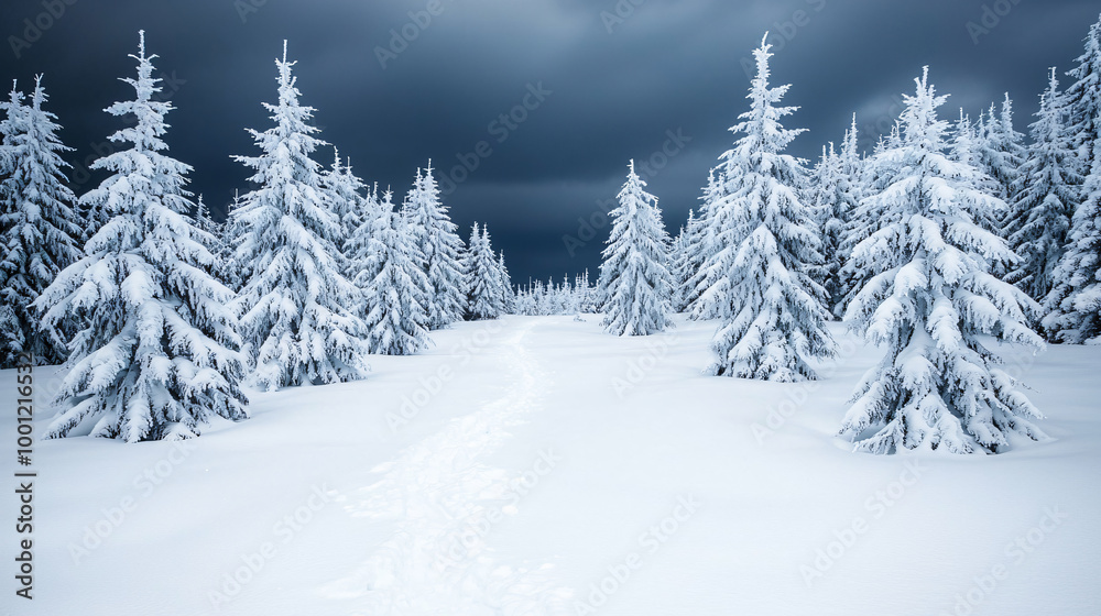 Fototapeta premium Serene Snow-Covered Forest Path Under Dramatic Dark Skies