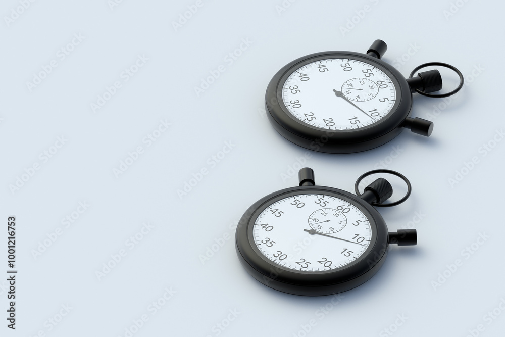 Scattered black stopwatches on light gray background. Sports equipment. Vintage chronometer. Time counter. Copy space. 3d render Scattered black stopwatches on light gray background. Sports equipment. Vintage chronometer. Time counter. Copy space. 3d render