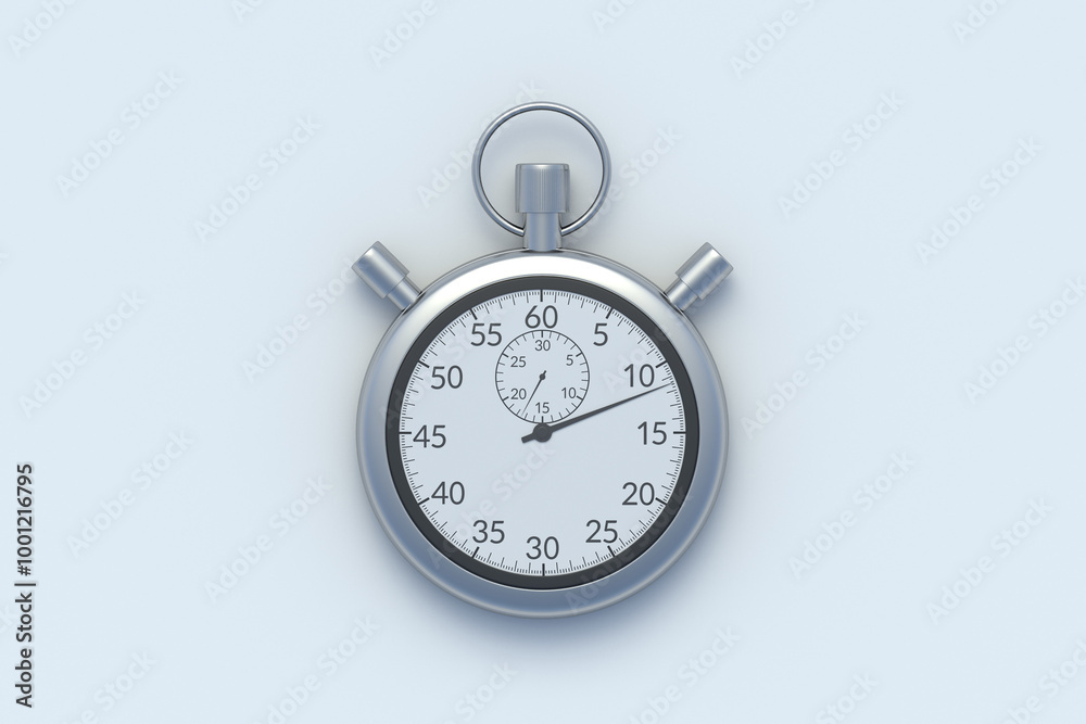 One stopwatch on light gray background. Sports equipment. Vintage chronometer. Time counter. Top view. 3d render One stopwatch on light gray background. Sports equipment. Vintage chronometer. Time counter. Top view. 3d render