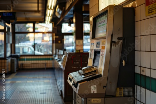 Old and dirty ticket vending machine is standing in an empty train or subway station