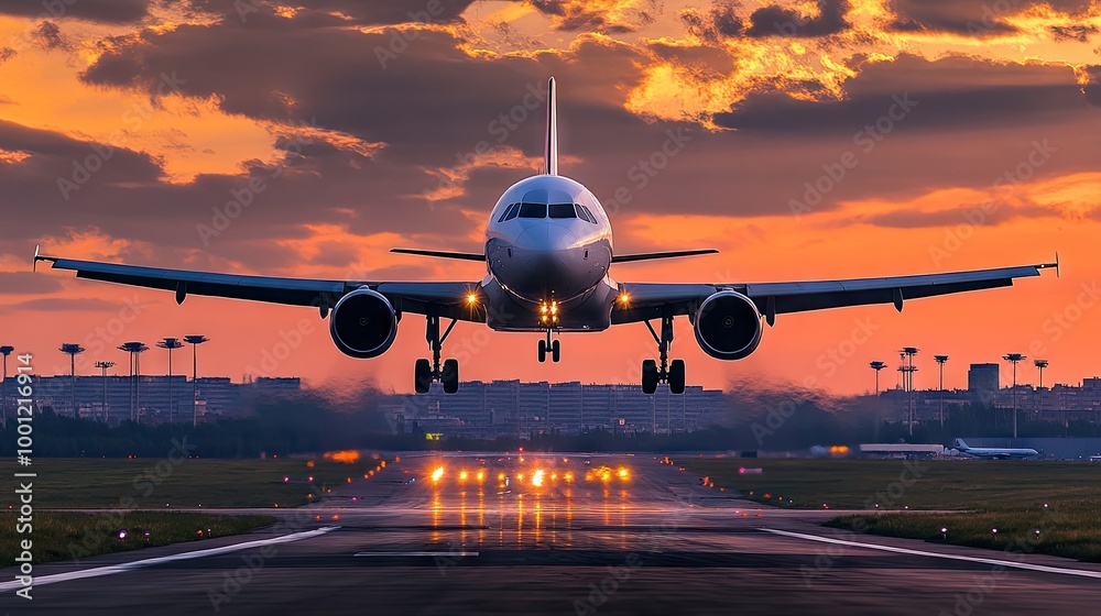 Close-up view of an aircraft lifting off from the runway, with airport structures visible in the background and a beautiful sunset sky adding a dramatic touch Close-up view of an aircraft lifting off from the runway, with airport structures visible in the background and a beautiful sunset sky adding a dramatic touch
