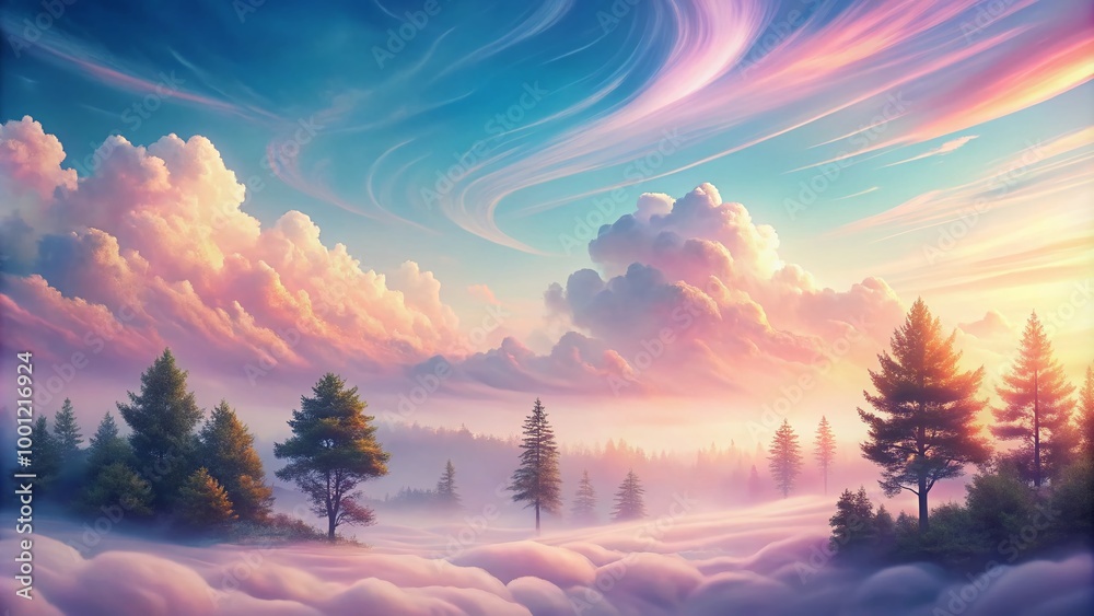 Pastel-hued, soft-focus background featuring gentle, swirling clouds, subtle gradient sky, and minimalist trees, Pastel-hued, soft-focus background featuring gentle, swirling clouds, subtle gradient sky, and minimalist trees,