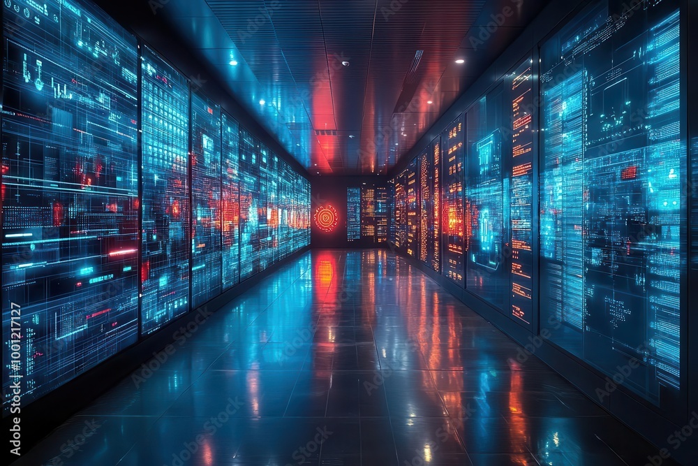 sleek and modern cybersecurity data center showcasing computer information storage highlighting advanced technology with illuminated screens and a hightech atmosphere sleek and modern cybersecurity data center showcasing computer information storage highlighting advanced technology with illuminated screens and a hightech atmosphere