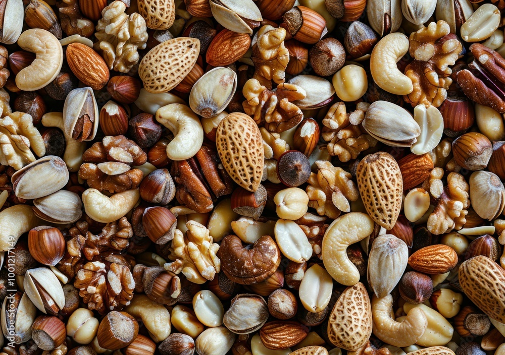 Assortment of various nuts and seeds on a rustic wooden background, showcasing their natural colors and textures