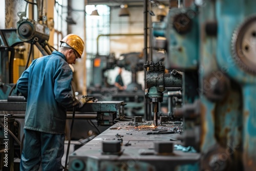 A man in a yellow helmet is working on a machine in a factory