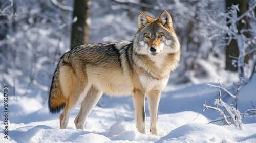 Lone Wolf Standing in Snowy Landscape