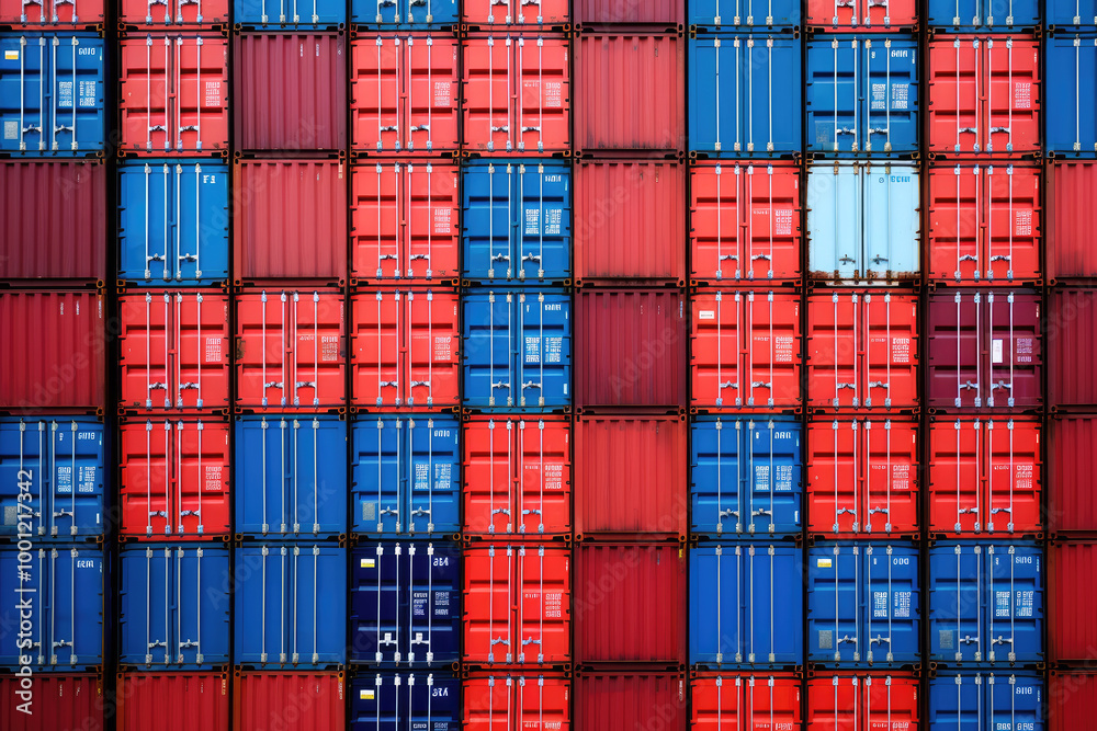 Fototapeta premium generated illustration blue and red cargo containers in port