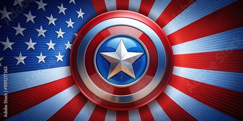 Patriotic superhero emblem set against a bold, star-spangled background, featuring a 3D shield with red, white, and