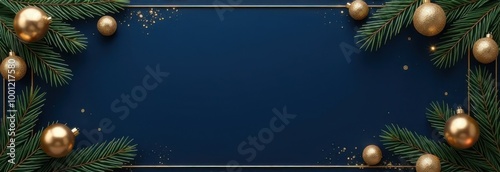 Christmas card. Frame borders made of gold balls, decorations, fir branches on dark blue background. Luxury style. 