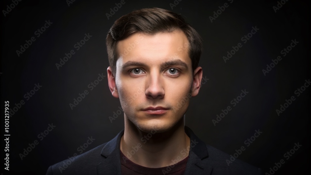 Professional studio shot of a single biometric passport photo with a neutral facial expression on a solid black Professional studio shot of a single biometric passport photo with a neutral facial expression on a solid black