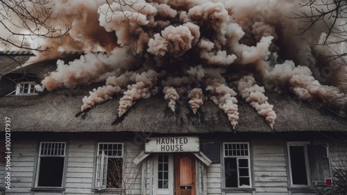 A Halloween background with a dramatic smoke or fog effect. There is real smoke exploding outwards from a central point, creating a spooky atmosphere. The smoke is dark grey and billows outwards in al