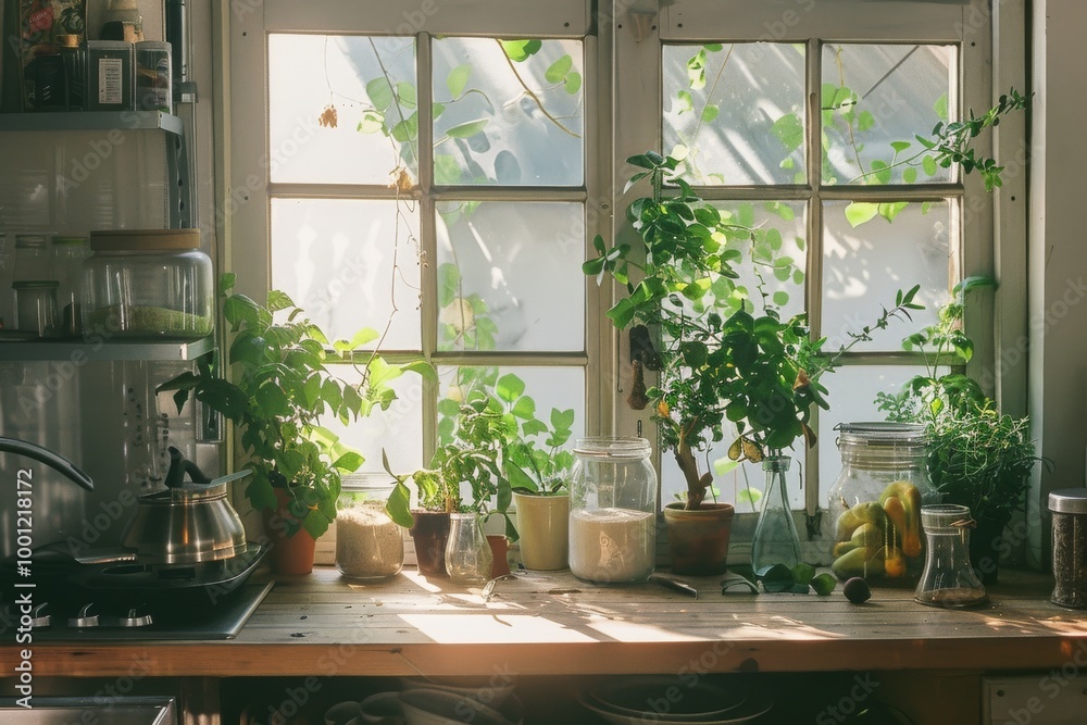 Sunlight streams through a kitchen window, illuminating an array of potted plants and creating a cozy, tranquil atmosphere. Sunlight streams through a kitchen window, illuminating an array of potted plants and creating a cozy, tranquil atmosphere.