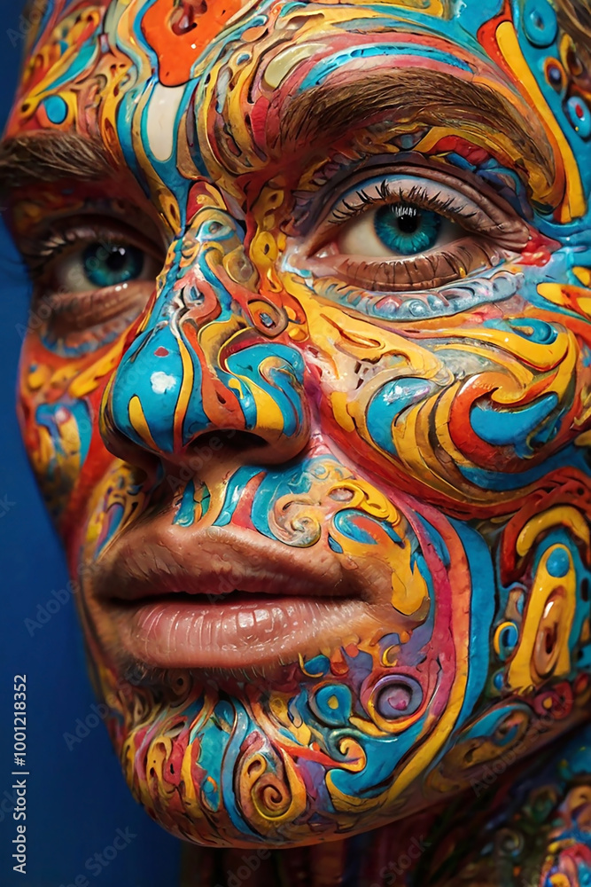 Fototapeta premium colourfully detailed human face looking at the front illustration with colourful pattern embossed textured body paint on skin 