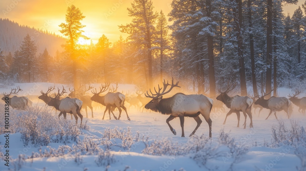Herd of Elk Walking Through Snowy Landscape at Sunrise Herd of Elk Walking Through Snowy Landscape at Sunrise