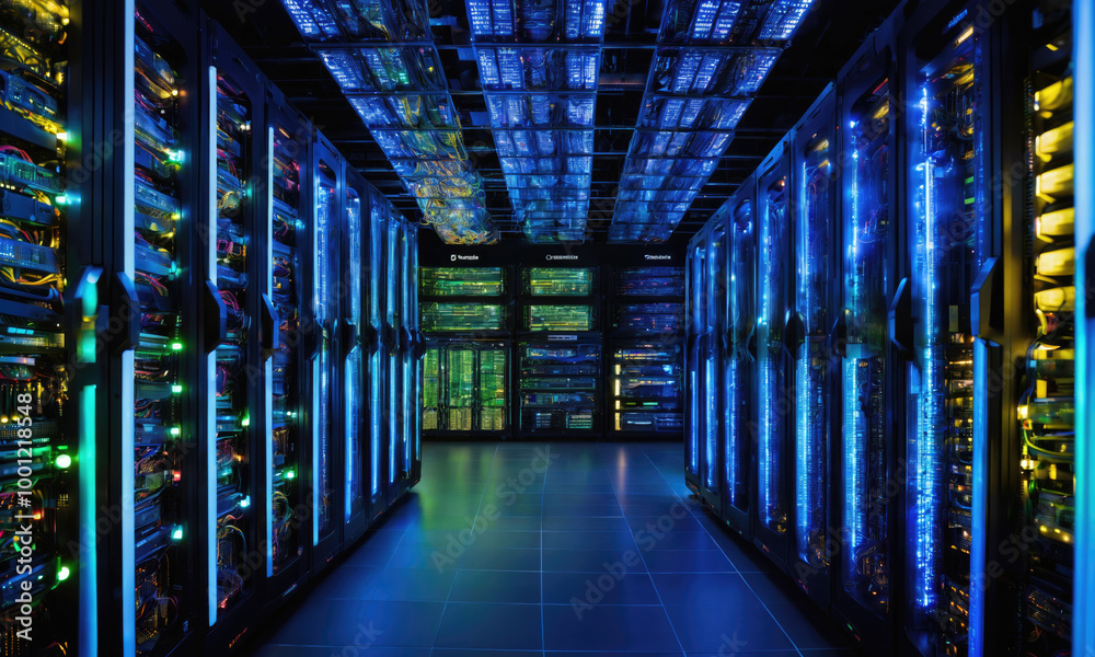 A view down a row of servers in a data center, lit by blue lights A view down a row of servers in a data center, lit by blue lights