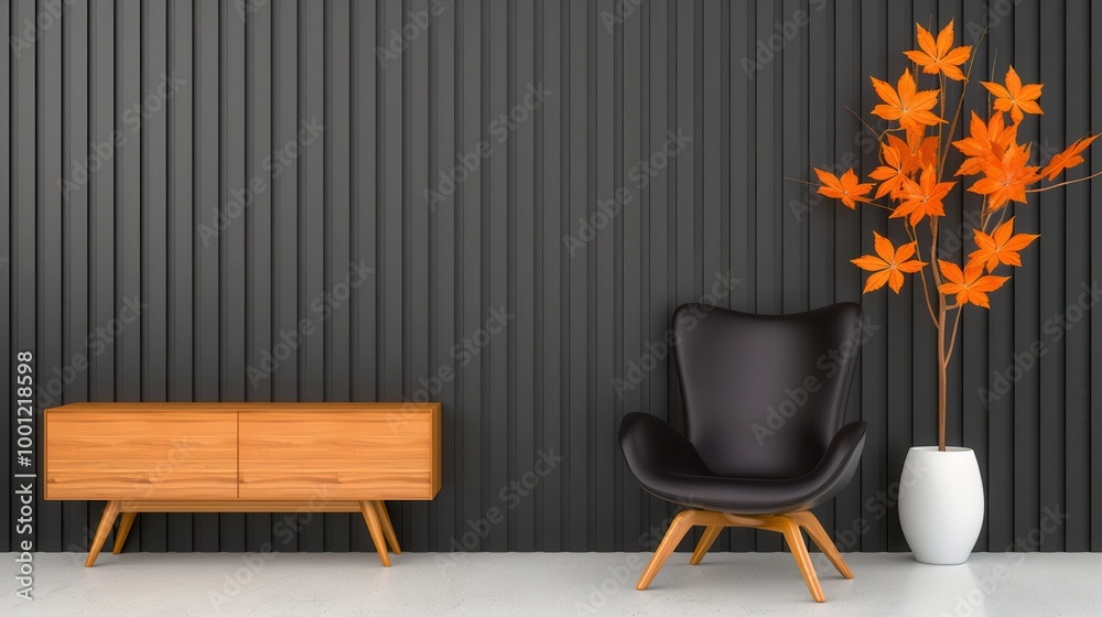 Fototapeta premium Dark contemporary waiting room interior with wooden sideboard