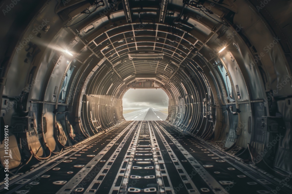 The inside of a cargo plane lit with a soft glow, offering a view of the runway through the open exit, giving a sense of readiness and departure. The inside of a cargo plane lit with a soft glow, offering a view of the runway through the open exit, giving a sense of readiness and departure.